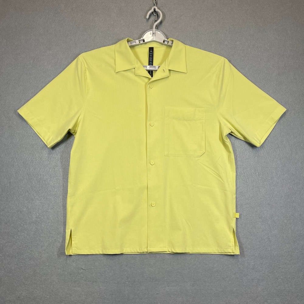 Lululemon Shirt Men Large Yellow Airing Easy Camp Collar Textured Grid Button Up